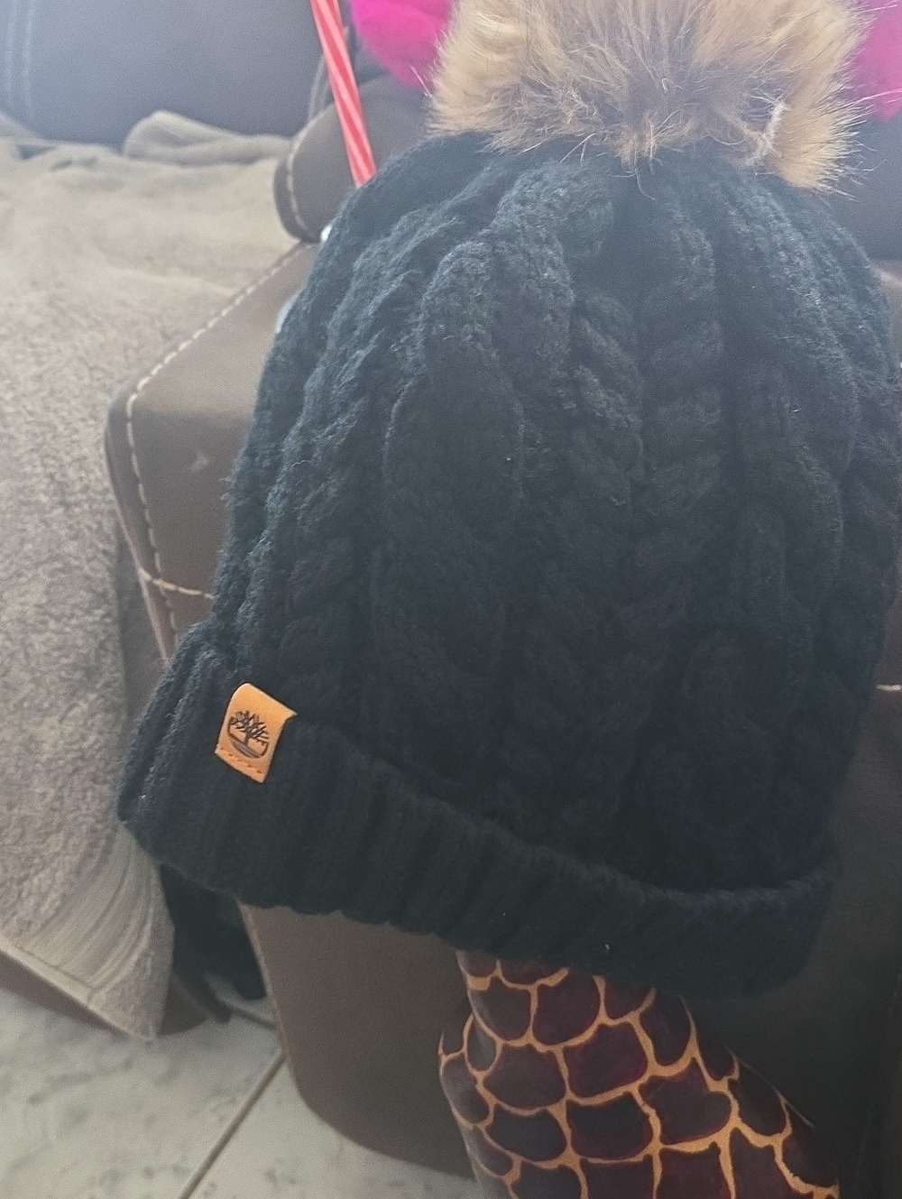 Timberland Kids Black Cable-Knit Pom Beanie with Faux Fur